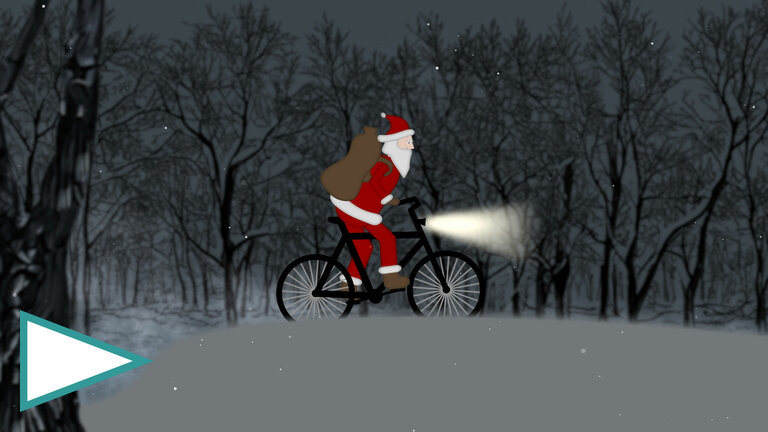 Animated video featuring a Santa Claus riding a bicycle through a winter forest.